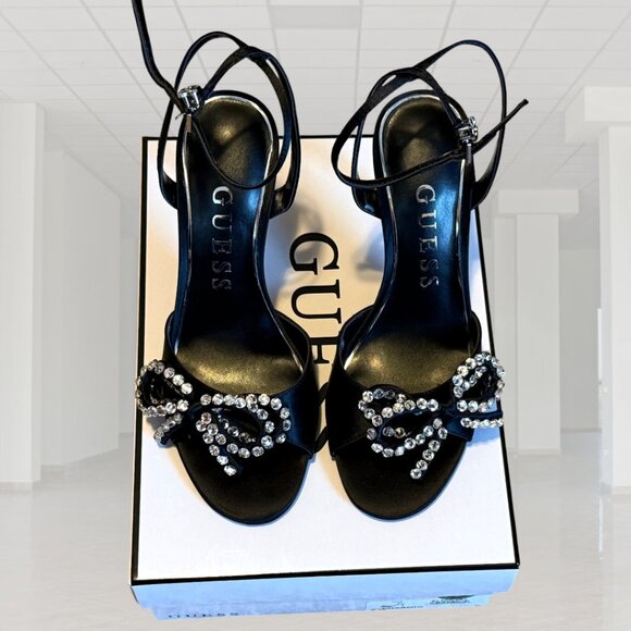 Guess Black Satin and Faux Diamond Loopy Bow Feminine Strapy Dress High Heels - Picture 3 of 6